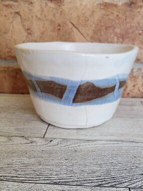 Farmhouse Pottery Planter, Cobalt Striped Glazed Ceramic Flower Pot, Rustic